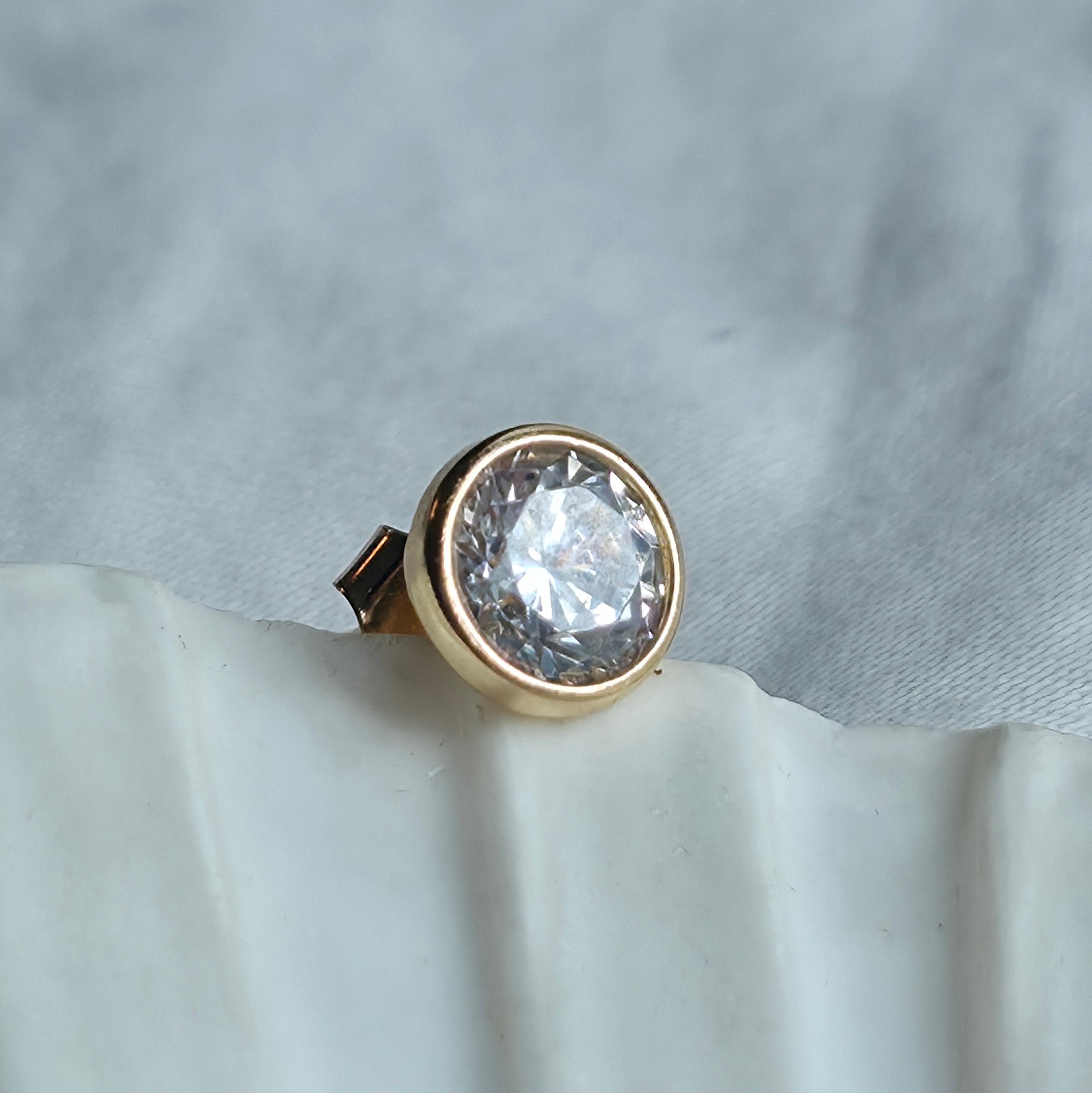 Gros plan sur le sertissage du zircon rond de la puce Donna Klaklou