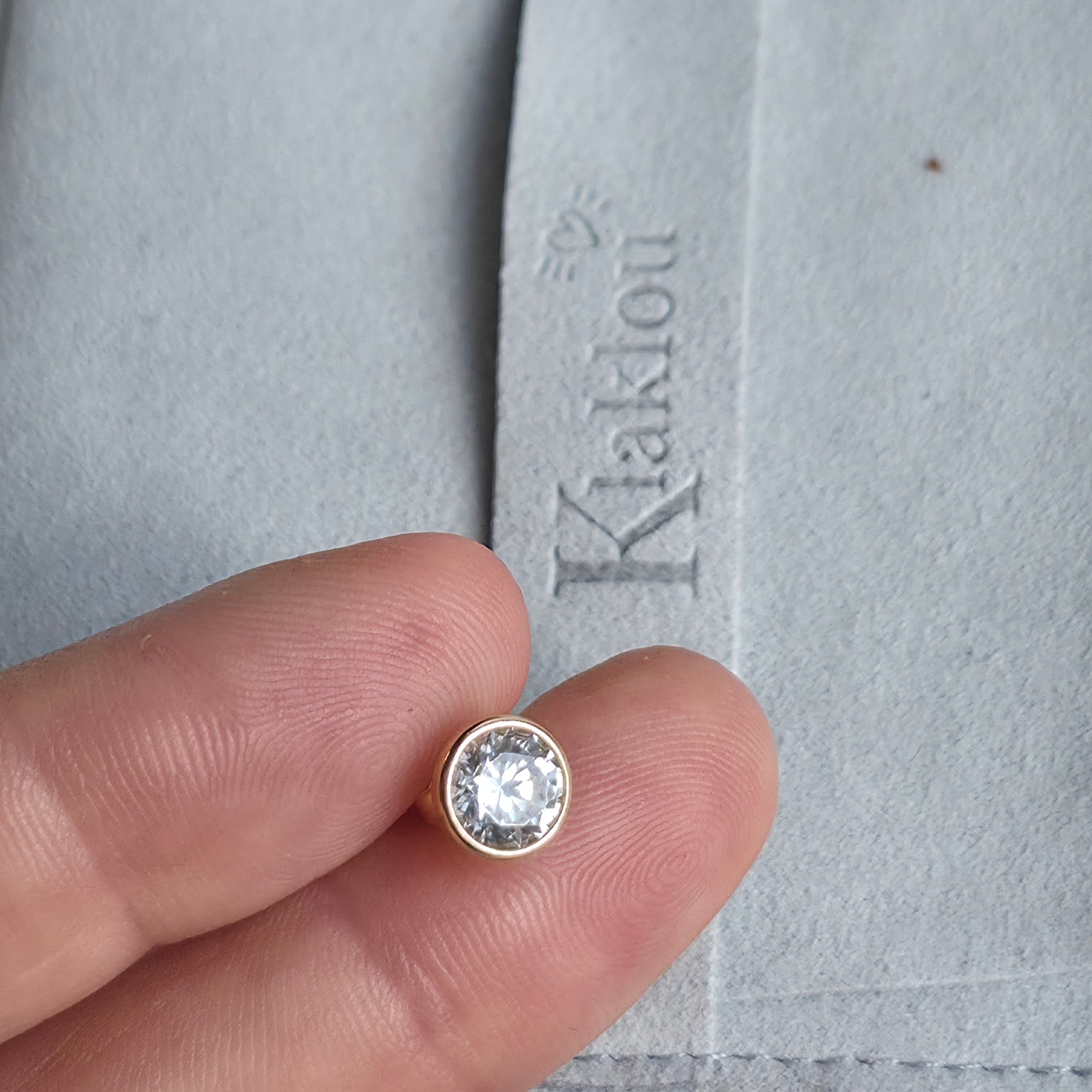 Détail de la monture dorée épurée entourant le zircon rond de la puce Donna
