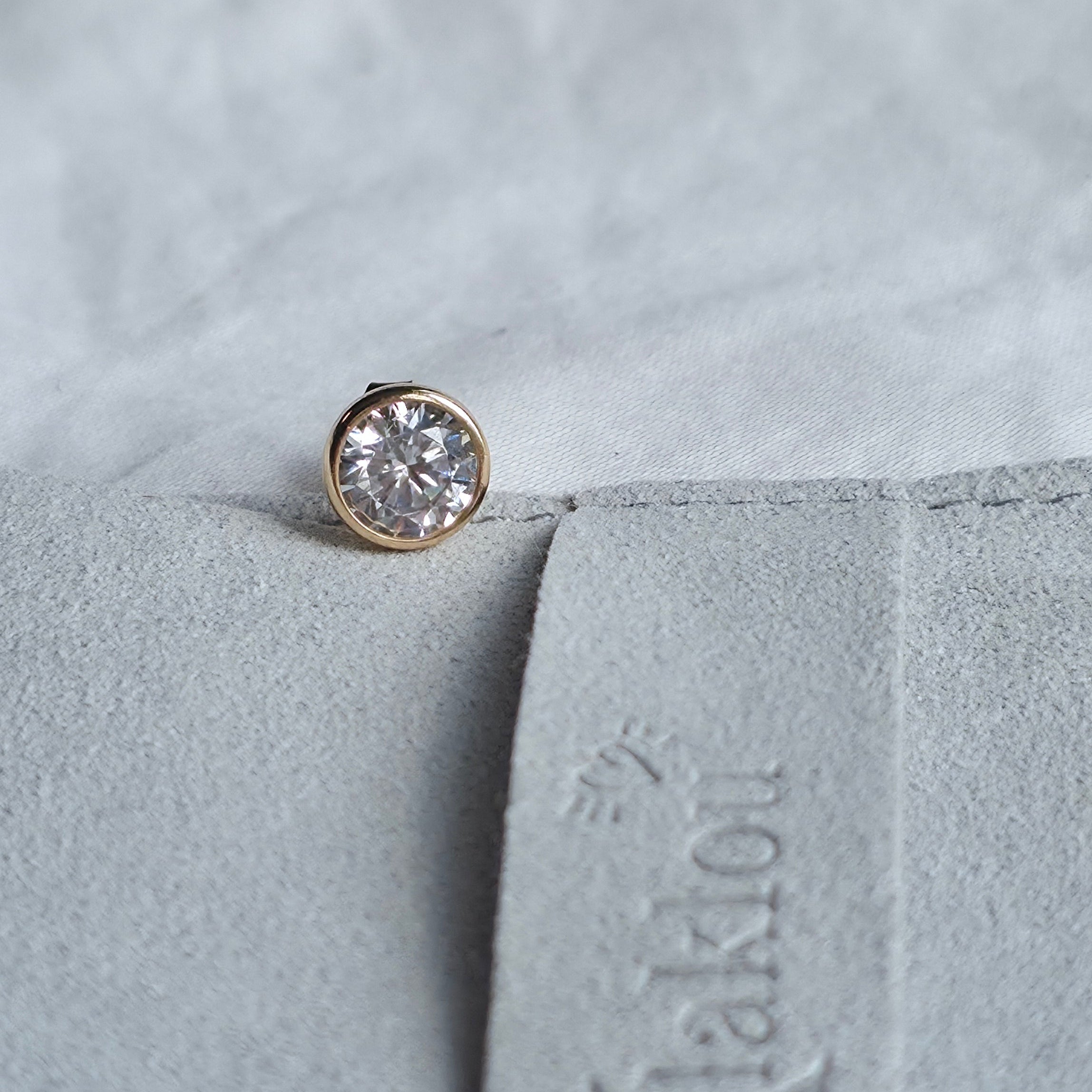 Éclat du zircon rond de la puce d'oreille Donna sous la lumière, Klaklou